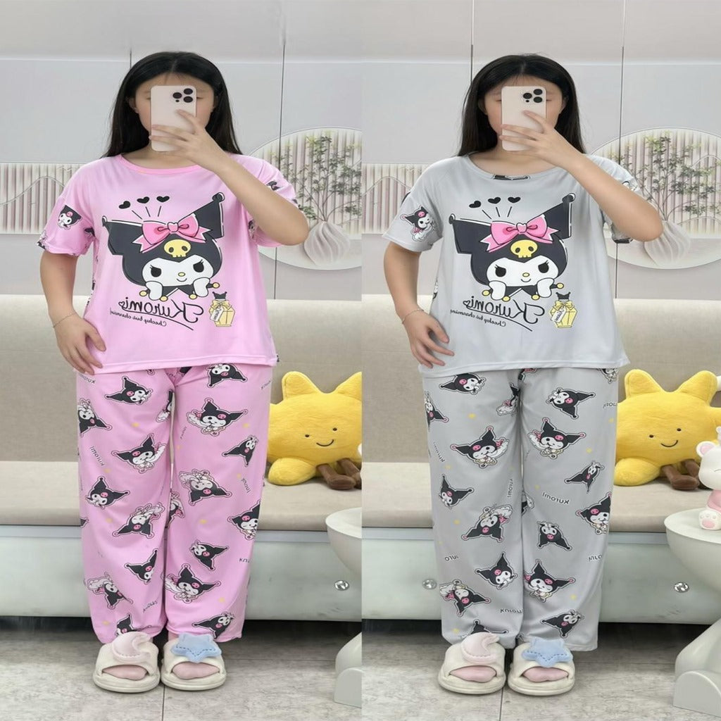 Free Size 2 pcs Pajama Set, Bedroom Outfit Comfortable And Breathable Casual Home Clothes Stitch Kuromi Print Includes Short-Sleeved Top,Long Pants,
