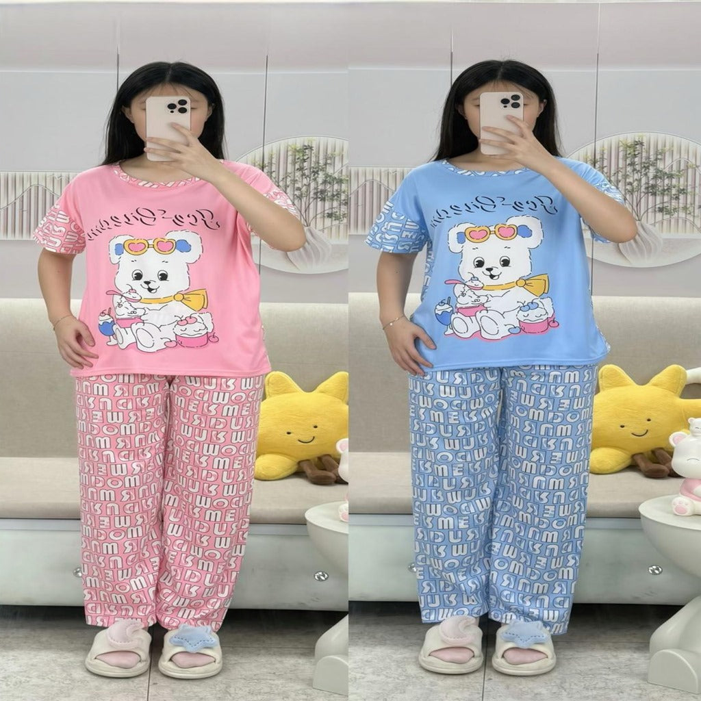 Free Size 2 pcs Pajama Set, Bedroom Outfit Comfortable And Breathable Casual Home Clothes Stitch Animal Print Includes Short-Sleeved Top,Long Pants,