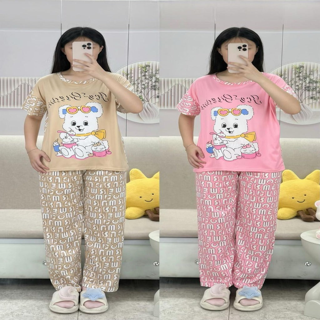 Free Size 2 pcs Pajama Set, Bedroom Outfit Comfortable And Breathable Casual Home Clothes Stitch Animal Print Includes Short-Sleeved Top,Long Pants,