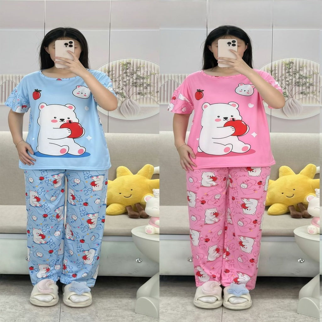 Free Size 2 pcs Pajama Set, Bedroom Outfit Comfortable And Breathable Casual Home Clothes Stitch Animal Print Includes Short-Sleeved Top,Long Pants,
