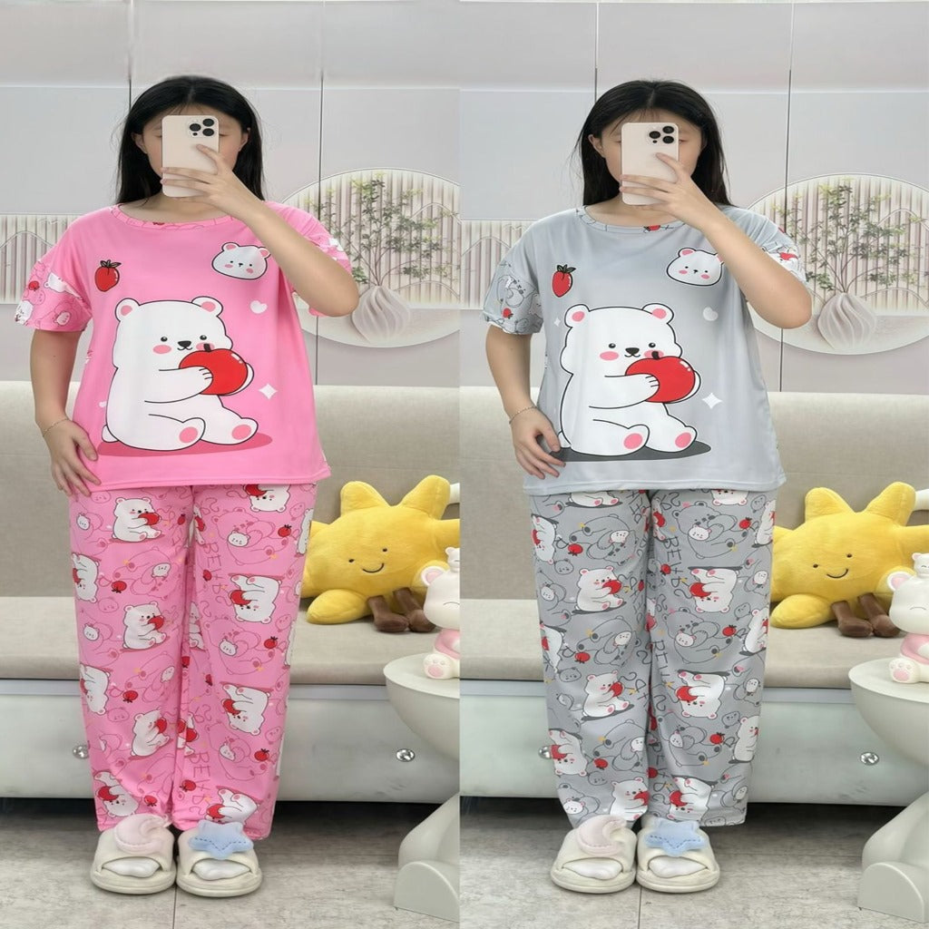 Free Size 2 pcs Pajama Set, Bedroom Outfit Comfortable And Breathable Casual Home Clothes Stitch Animal Print Includes Short-Sleeved Top,Long Pants,