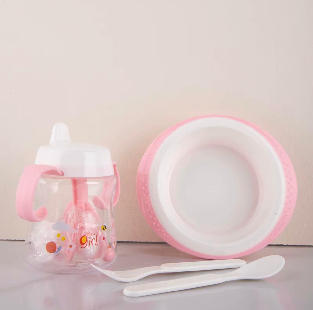 Portable 7 & 1 Baby Feeder Set and Care Kit for Infant Baby with Bottle series, 2 Spoons Forks, Teether & Rattle in Blue and Pink Colors,Baby Gift Set..