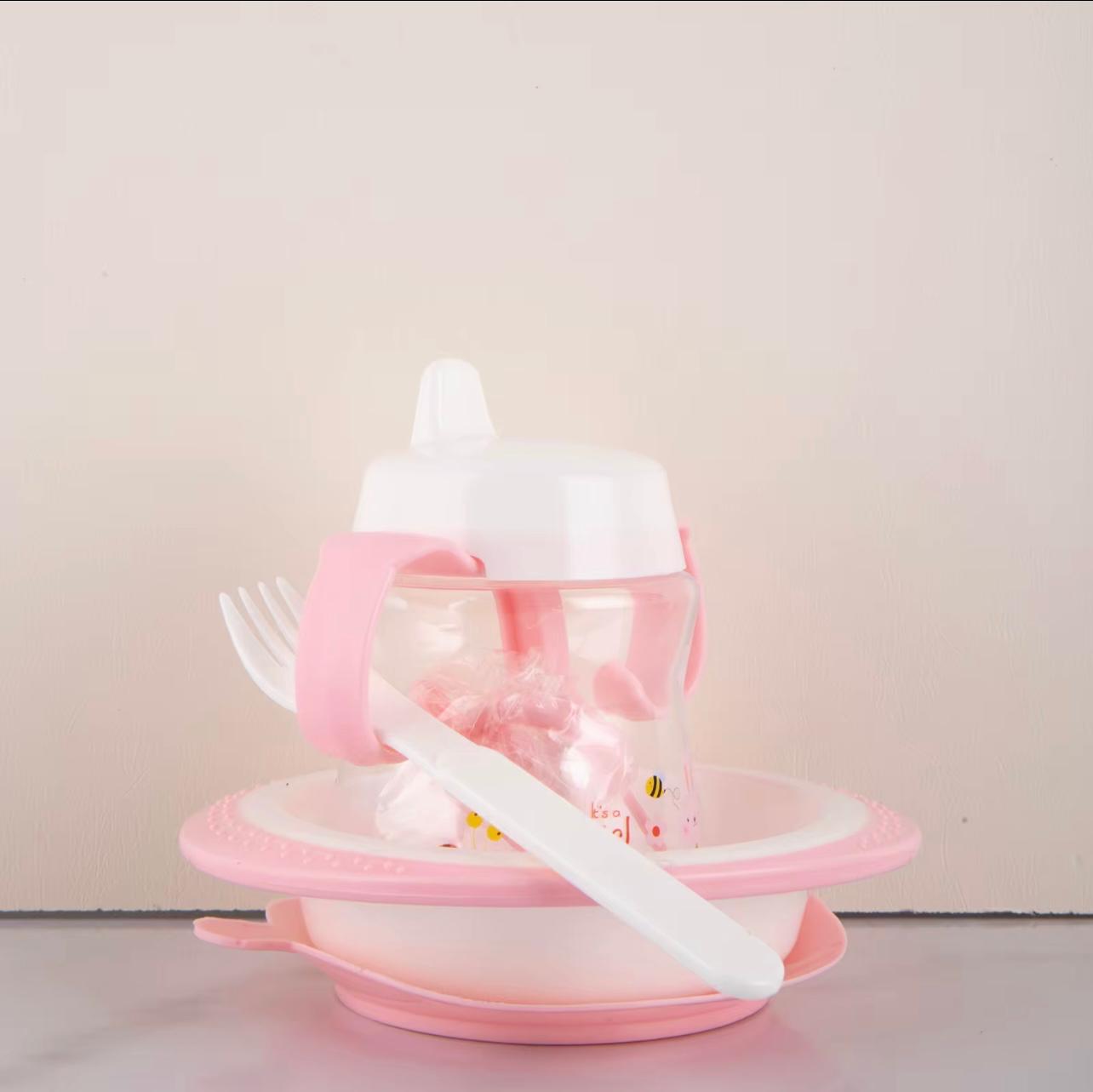 Portable 7 & 1 Baby Feeder Set and Care Kit for Infant Baby with Bottle series, 2 Spoons Forks, Teether & Rattle in Blue and Pink Colors,Baby Gift Set..