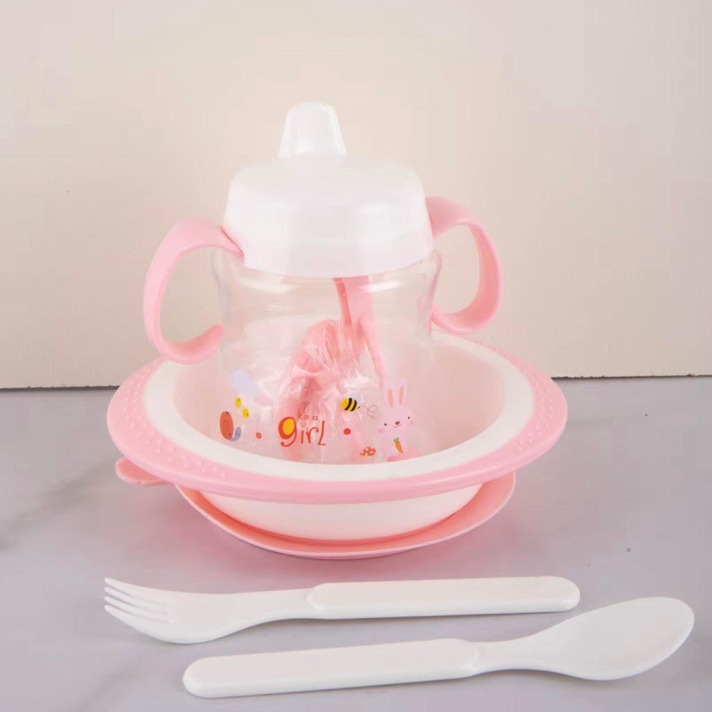 Portable 7 & 1 Baby Feeder Set and Care Kit for Infant Baby with Bottle series, 2 Spoons Forks, Teether & Rattle in Blue and Pink Colors,Baby Gift Set..