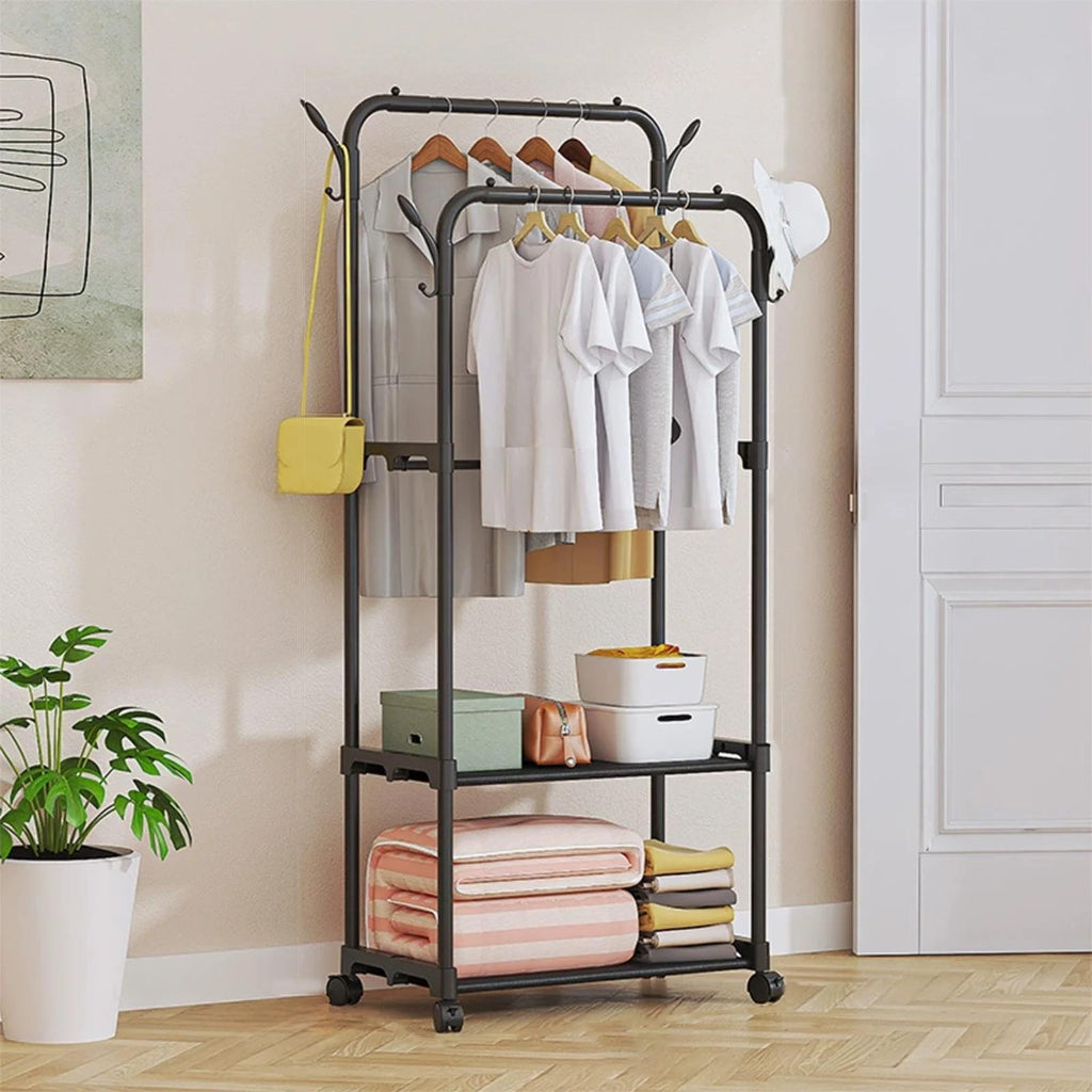 Double Rod Hanger with Shoe Rack, Freestanding Multi-Functional Hat and Boot Organizer, Ideal for Storing Hats, Shoes , Lightweight Design Easy to Assemble, Perfect for Bedroom or Living Room Entryway, Wardrobe Organization