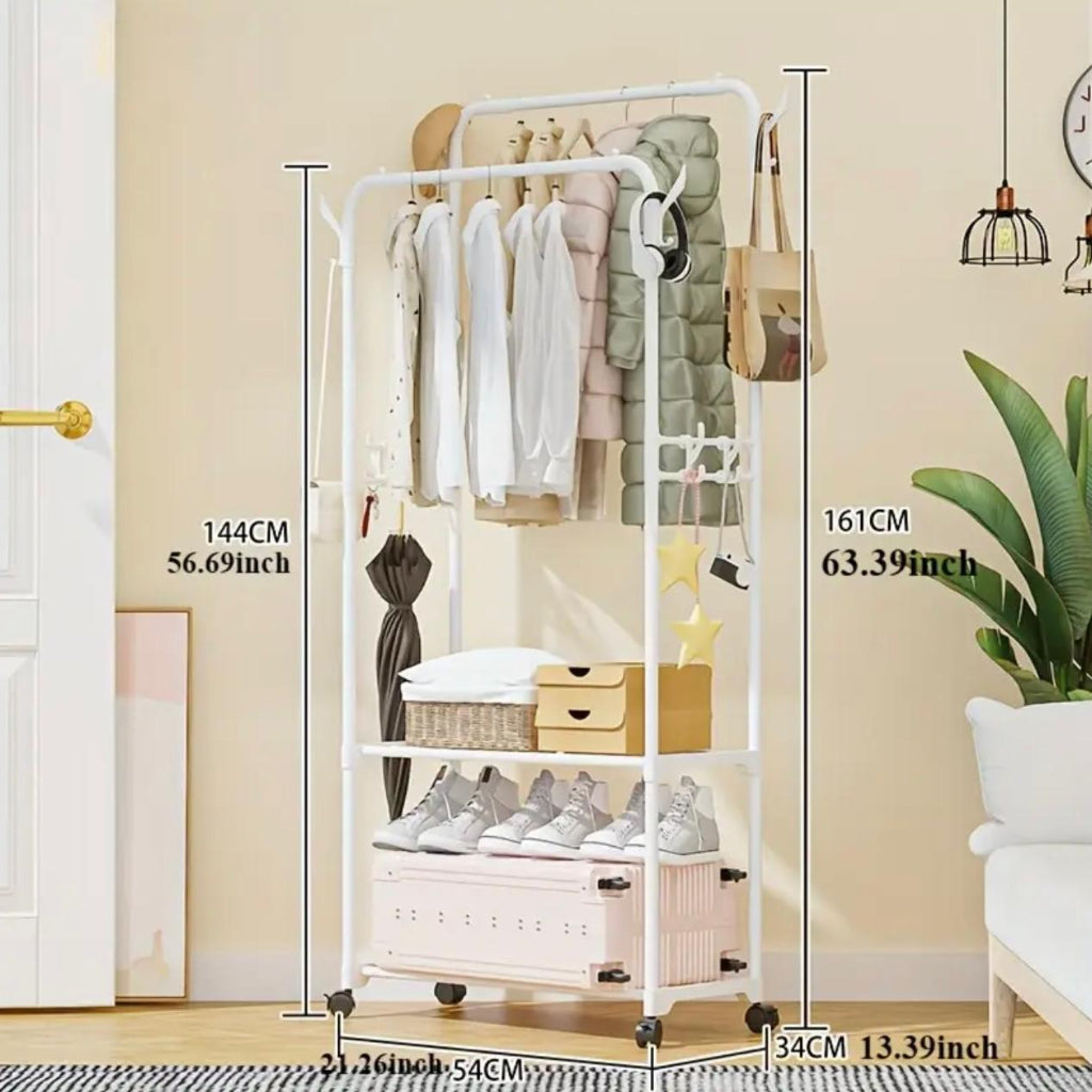 Double Rod Hanger with Shoe Rack, Freestanding Multi-Functional Hat and Boot Organizer, Ideal for Storing Hats, Shoes , Lightweight Design Easy to Assemble, Perfect for Bedroom or Living Room Entryway, Wardrobe Organization