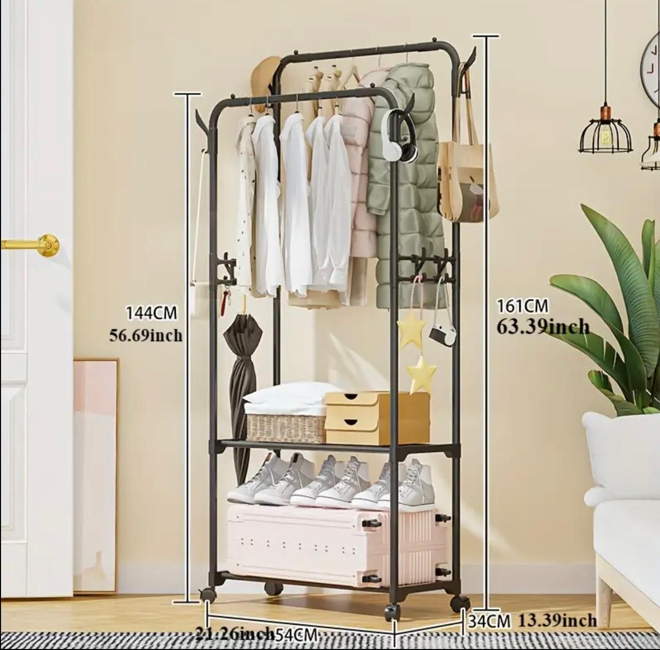 Double Rod Hanger with Shoe Rack, Freestanding Multi-Functional Hat and Boot Organizer, Ideal for Storing Hats, Shoes , Lightweight Design Easy to Assemble, Perfect for Bedroom or Living Room Entryway, Wardrobe Organization