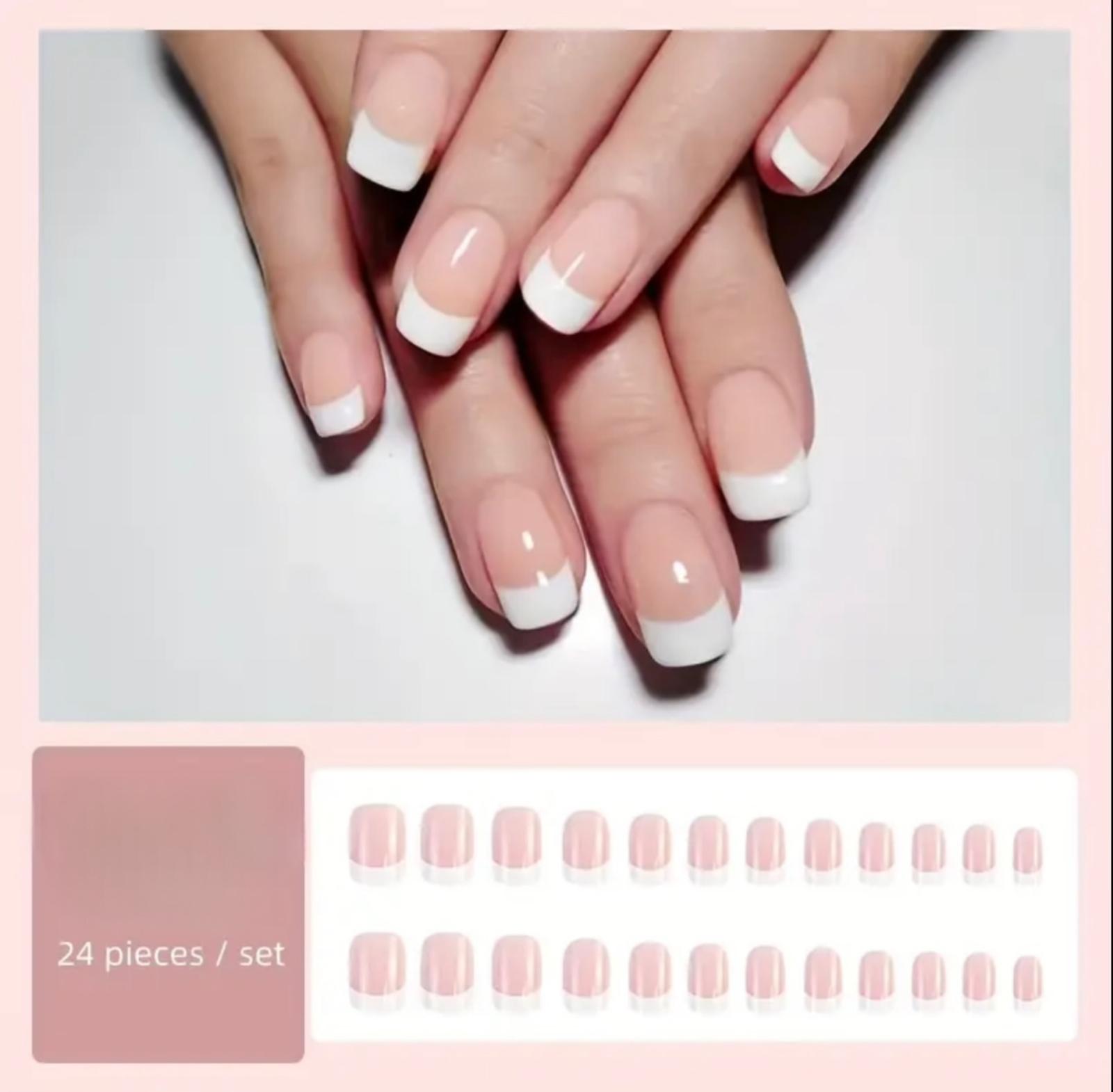 مجموعة أطراف أظافر قصيرة على شكل لوز مكونة من 24 قطعة - طقم مانيكير بلمسة نهائية لامعة للنساء