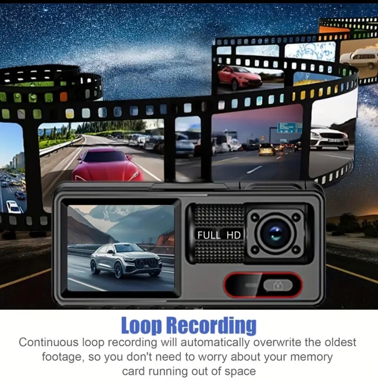 Dual Lens Dash Cam – Front & Cabin Recording with Night Vision, G-Sensor, Loop Recording & Parking Monitor.