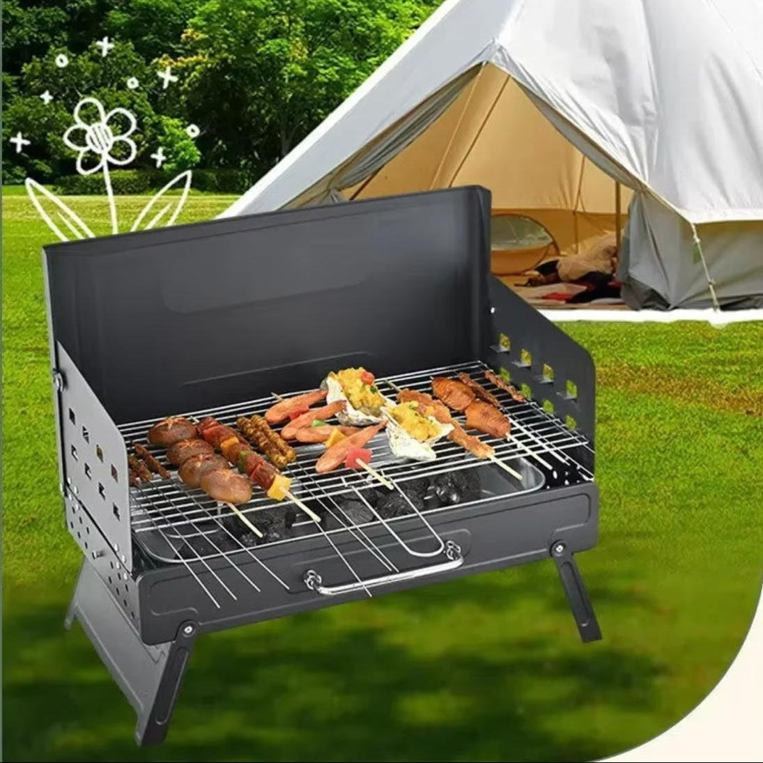 Portable Iron Charcoal Outdoor Folding Barbecue Grill Stand for Camping and Household Use