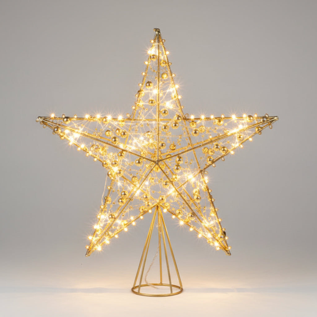 LED Star Christmas Tree Topper – Glitter Gold Metal Star