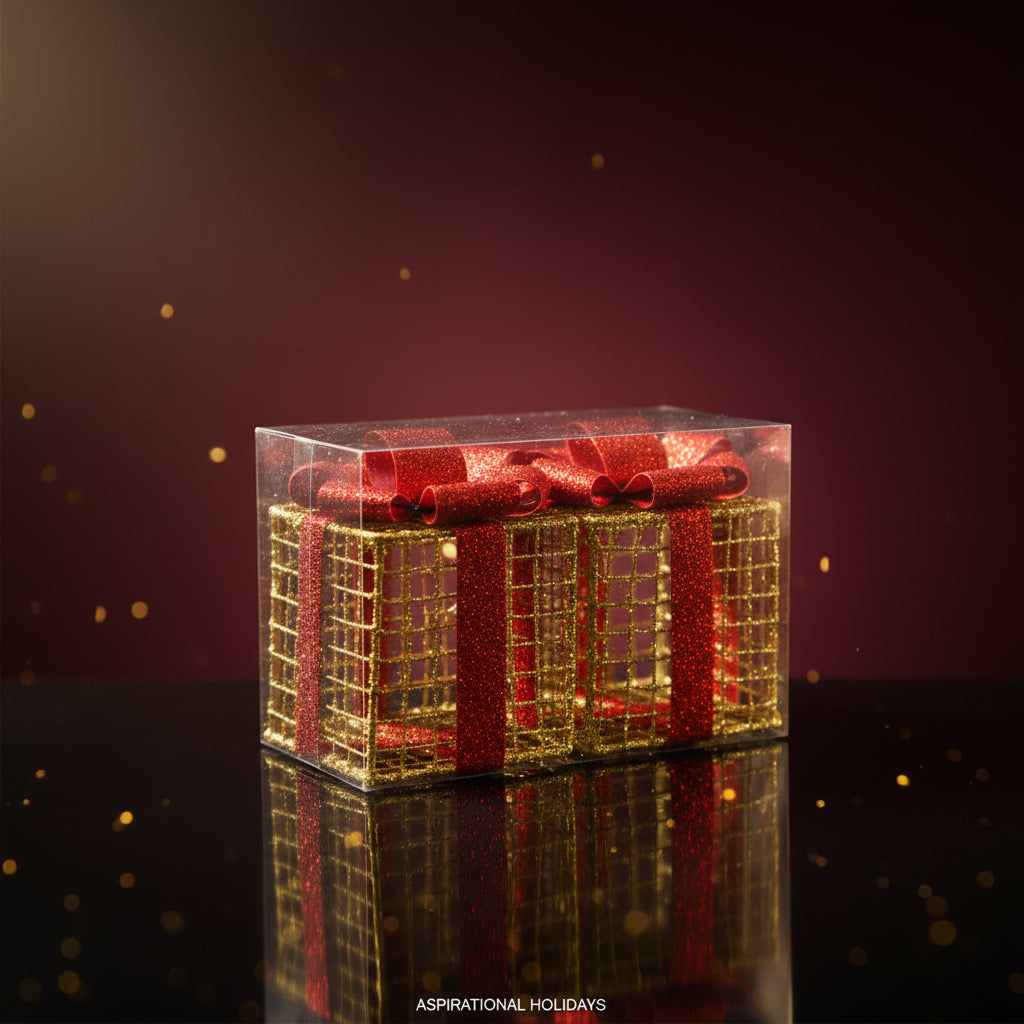 Set of 2 Christmas Glowing Golden Gift Boxes with Bows