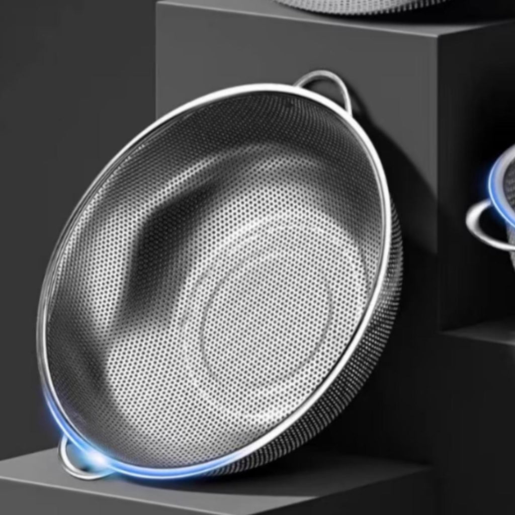 وعاء فلتر صغير المسام من الفولاذ المقاوم للصدأ بمقابض مزدوجة – سلة صرف للمطبخ متعددة الأغراض