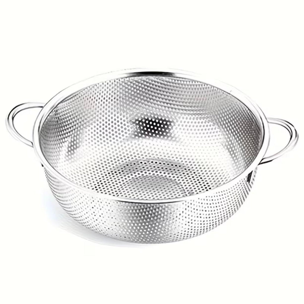 وعاء فلتر صغير المسام من الفولاذ المقاوم للصدأ بمقابض مزدوجة – سلة صرف للمطبخ متعددة الأغراض