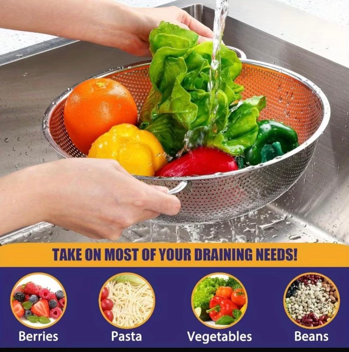 وعاء فلتر صغير المسام من الفولاذ المقاوم للصدأ بمقابض مزدوجة – سلة صرف للمطبخ متعددة الأغراض