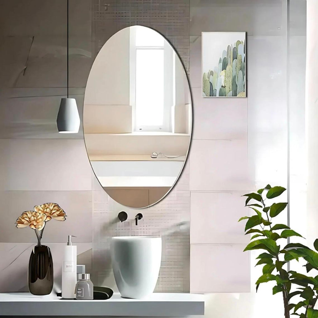 Mirror Wall Sticker, Oval Shape Frameless Vanity Wall Mirror for Bathroom, Living Room & Bedroom