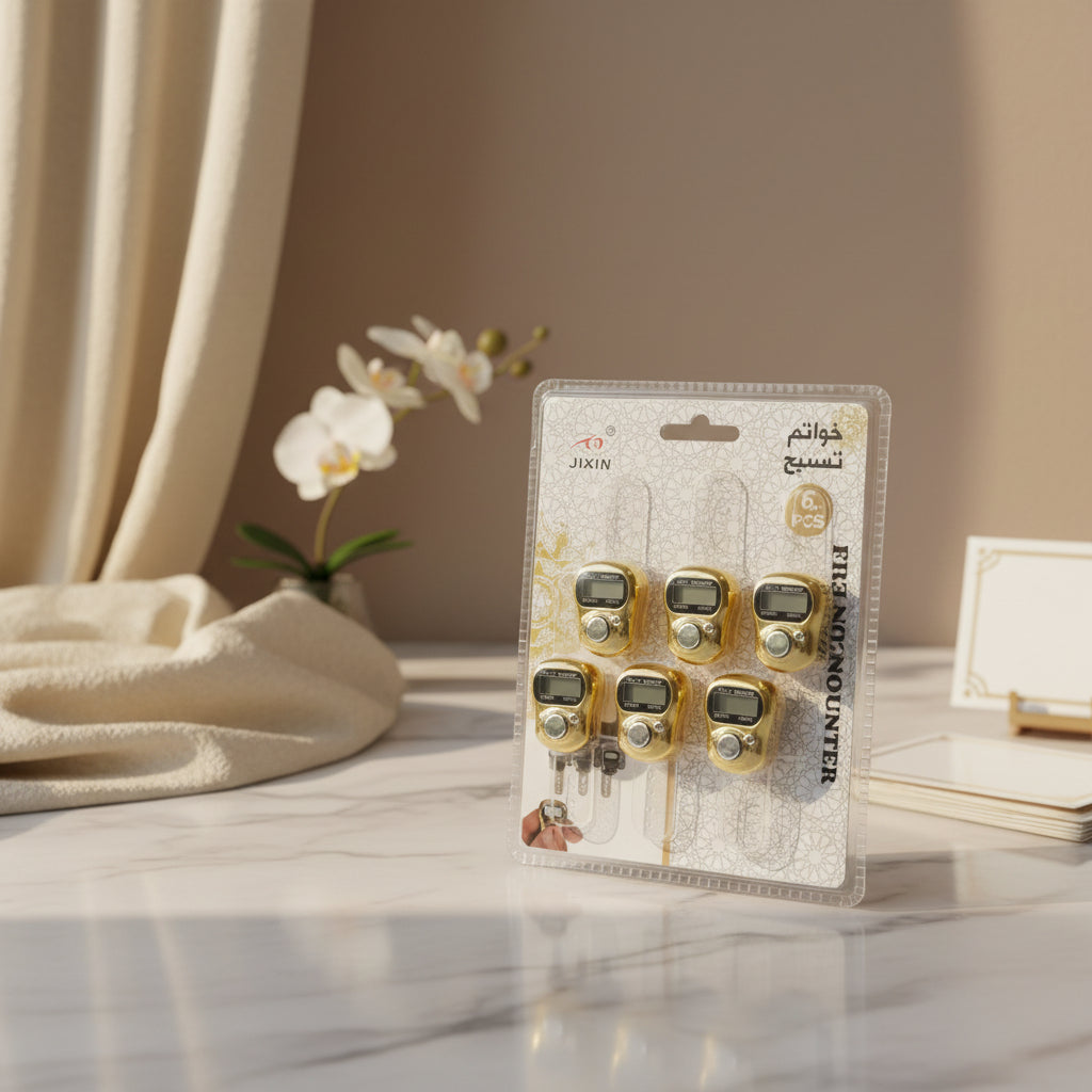 6 PCS Golden Tasbih Counter – Digital Finger Tally Counter for Prayer & Dhikr
