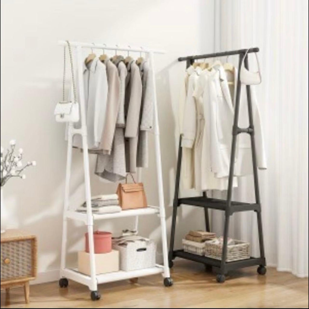 Multifunctional Mobile Heavy-Duty Metal Clothes Hanger & Coat Rack with Wheeled Stand – Triangular Space-Saving Multi-Tier Shelf Organizer