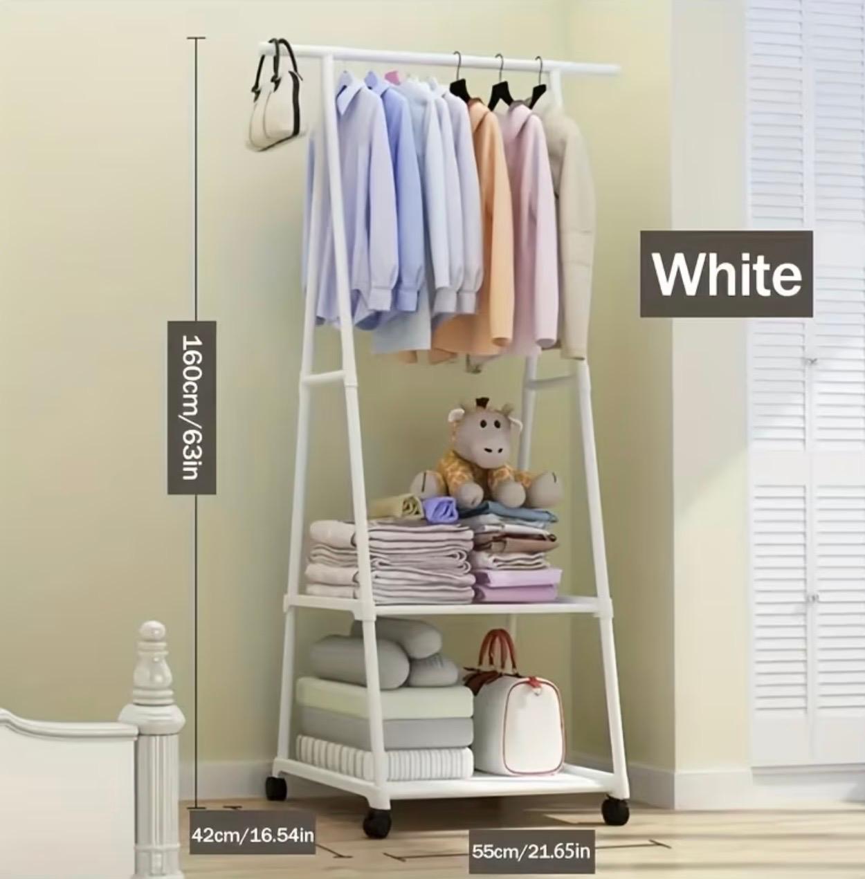 Multifunctional Mobile Heavy-Duty Metal Clothes Hanger & Coat Rack with Wheeled Stand – Triangular Space-Saving Multi-Tier Shelf Organizer