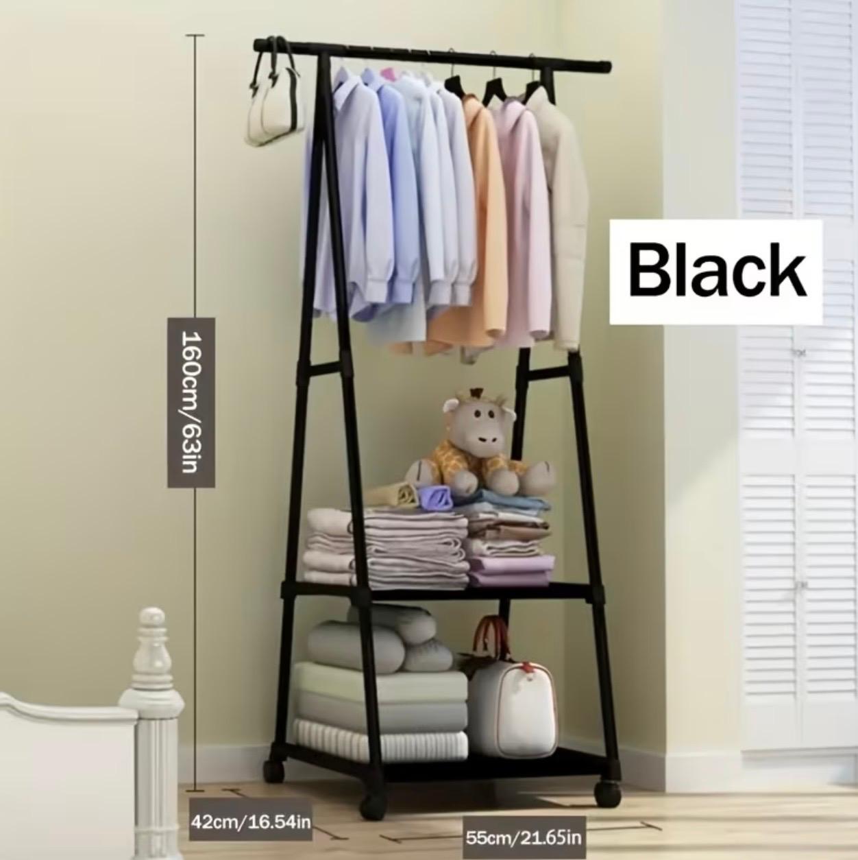 Multifunctional Mobile Heavy-Duty Metal Clothes Hanger & Coat Rack with Wheeled Stand – Triangular Space-Saving Multi-Tier Shelf Organizer