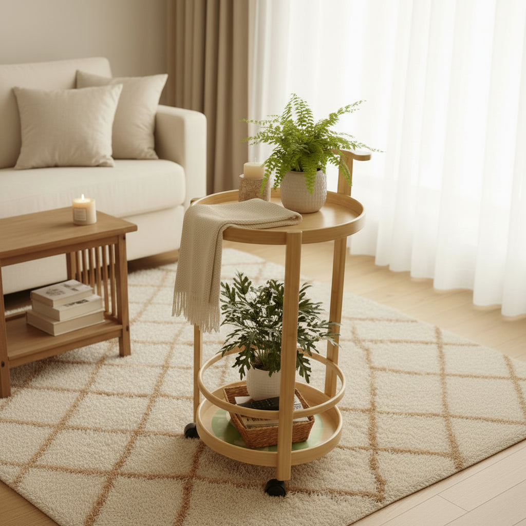 Wooden Movable Multi-Layer Round Shape Stand with Wheels