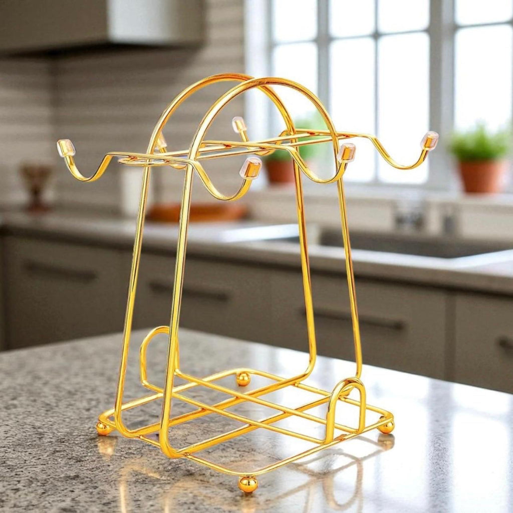 Golden Metal Mug and Cup Holder Stand,Designed With Multiple hooks on the sides,