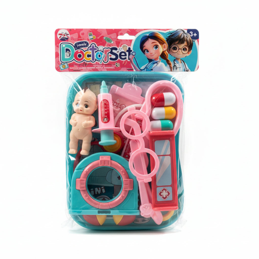 مجموعة واحدة من مجموعة لعب طبيب الأطفال، أدوات طبية. لعبة تعليمية ممتعة للأولاد والبنات