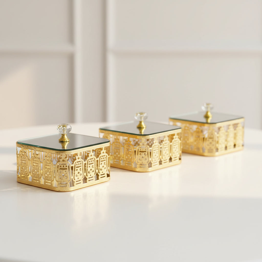 Ramadan Candy Dish-Gold Metal Frame with Glass Top
