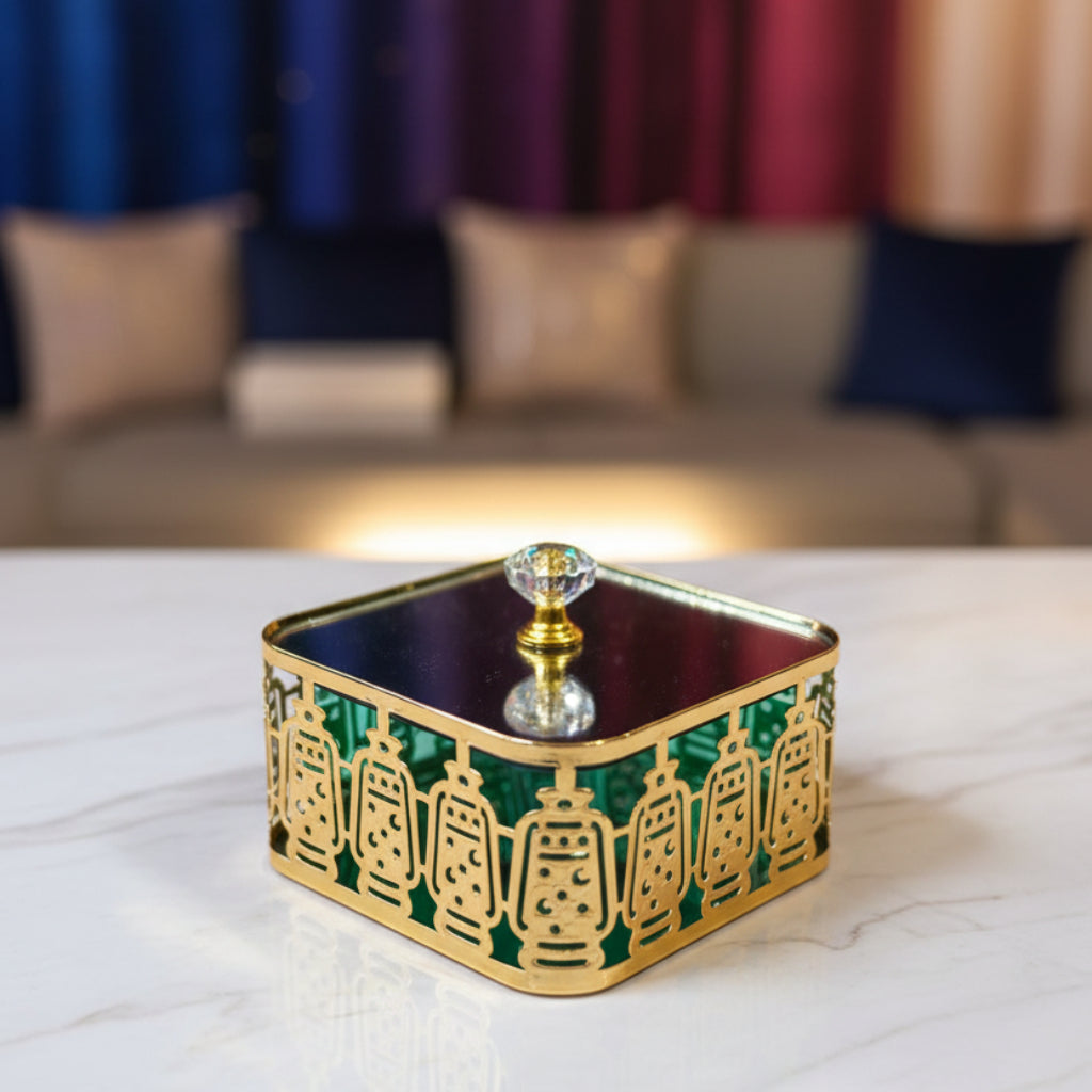 Ramadan Candy Dish-Gold Metal Frame with Glass Top