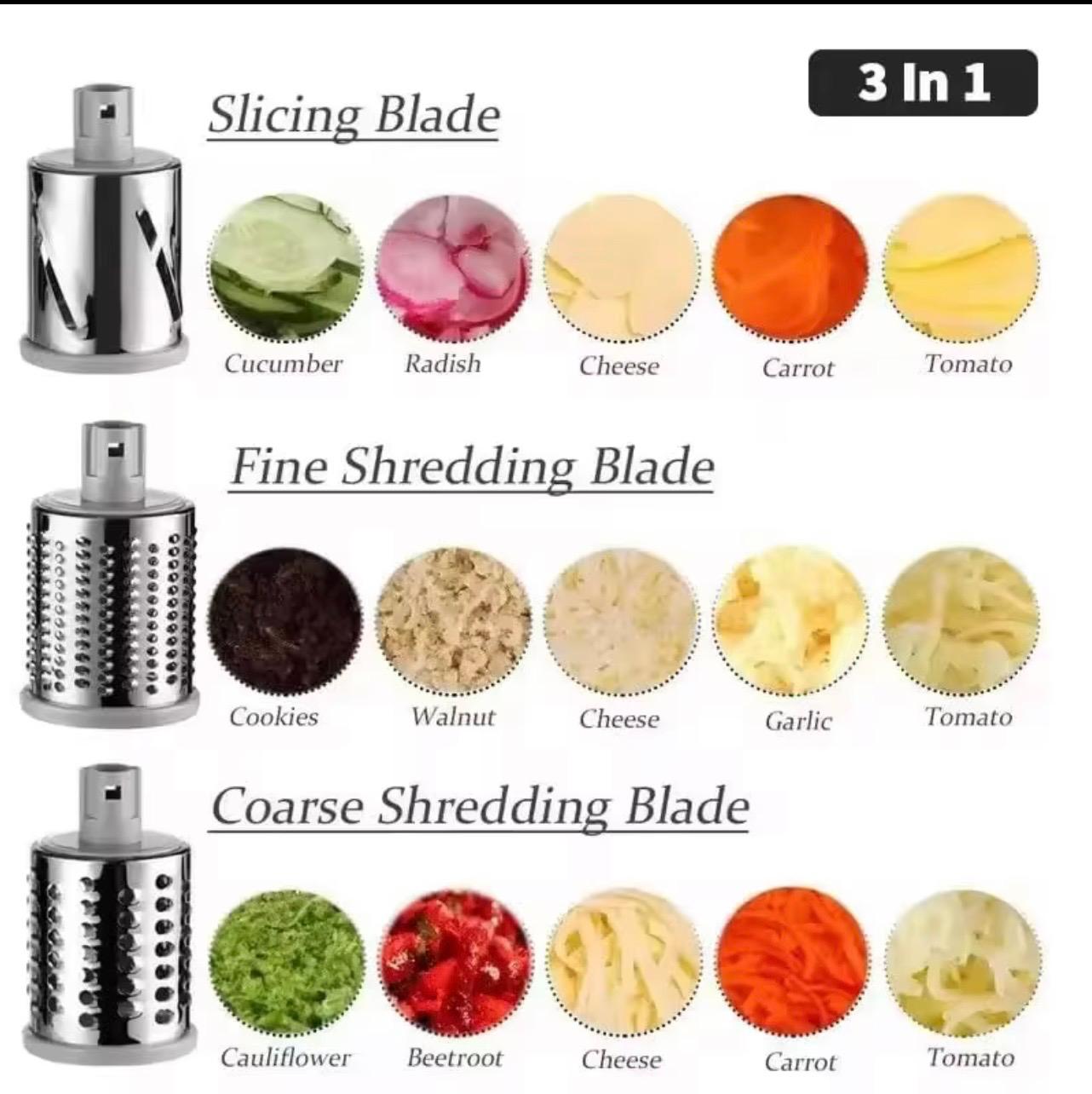 Manual Rotary Vegetable Cutter & Grater – 3 Interchangeable Blades