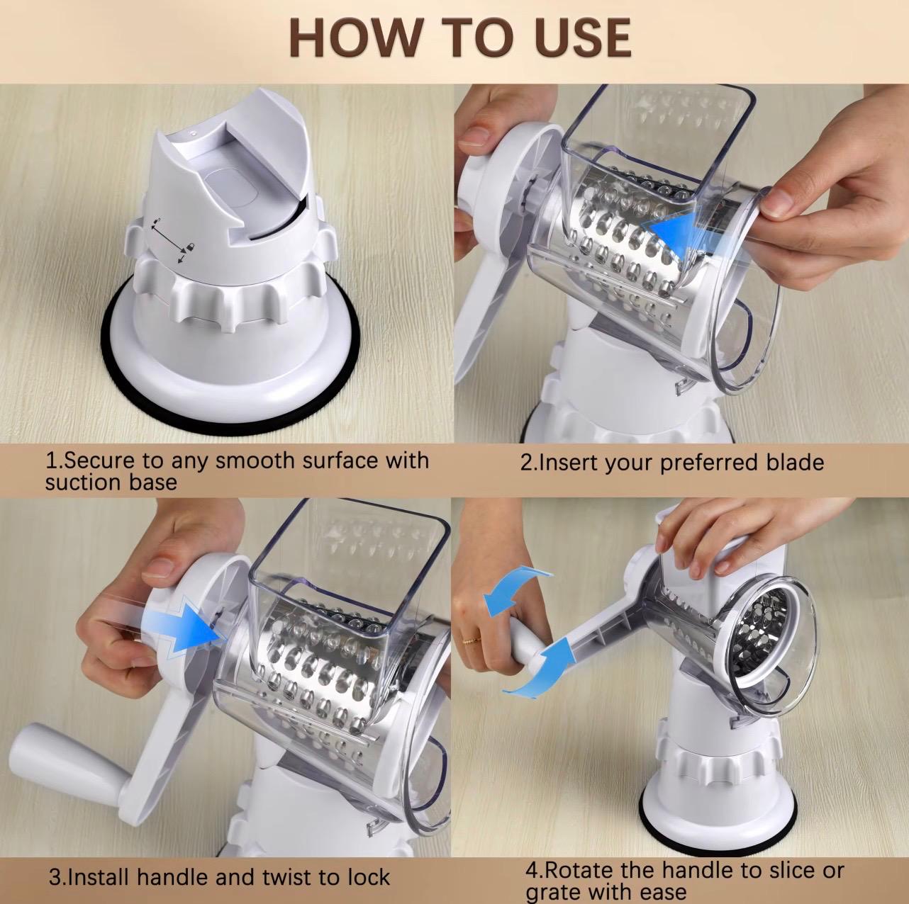 Manual Rotary Vegetable Cutter & Grater – 3 Interchangeable Blades