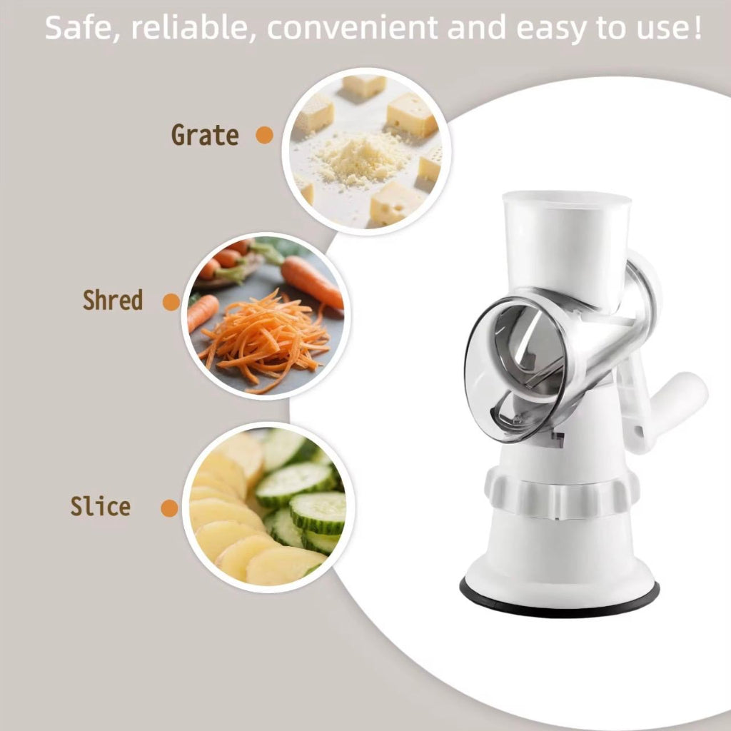 Manual Rotary Vegetable Cutter & Grater – 3 Interchangeable Blades