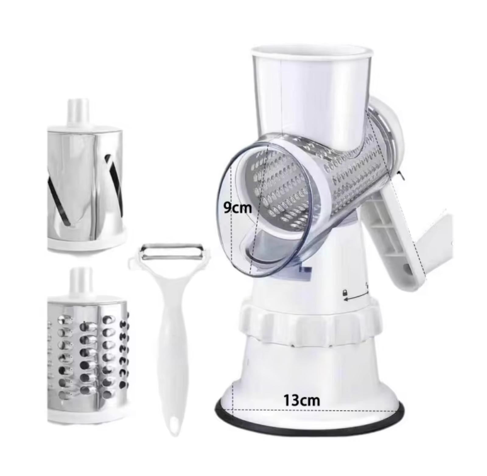 Manual Rotary Vegetable Cutter & Grater – 3 Interchangeable Blades