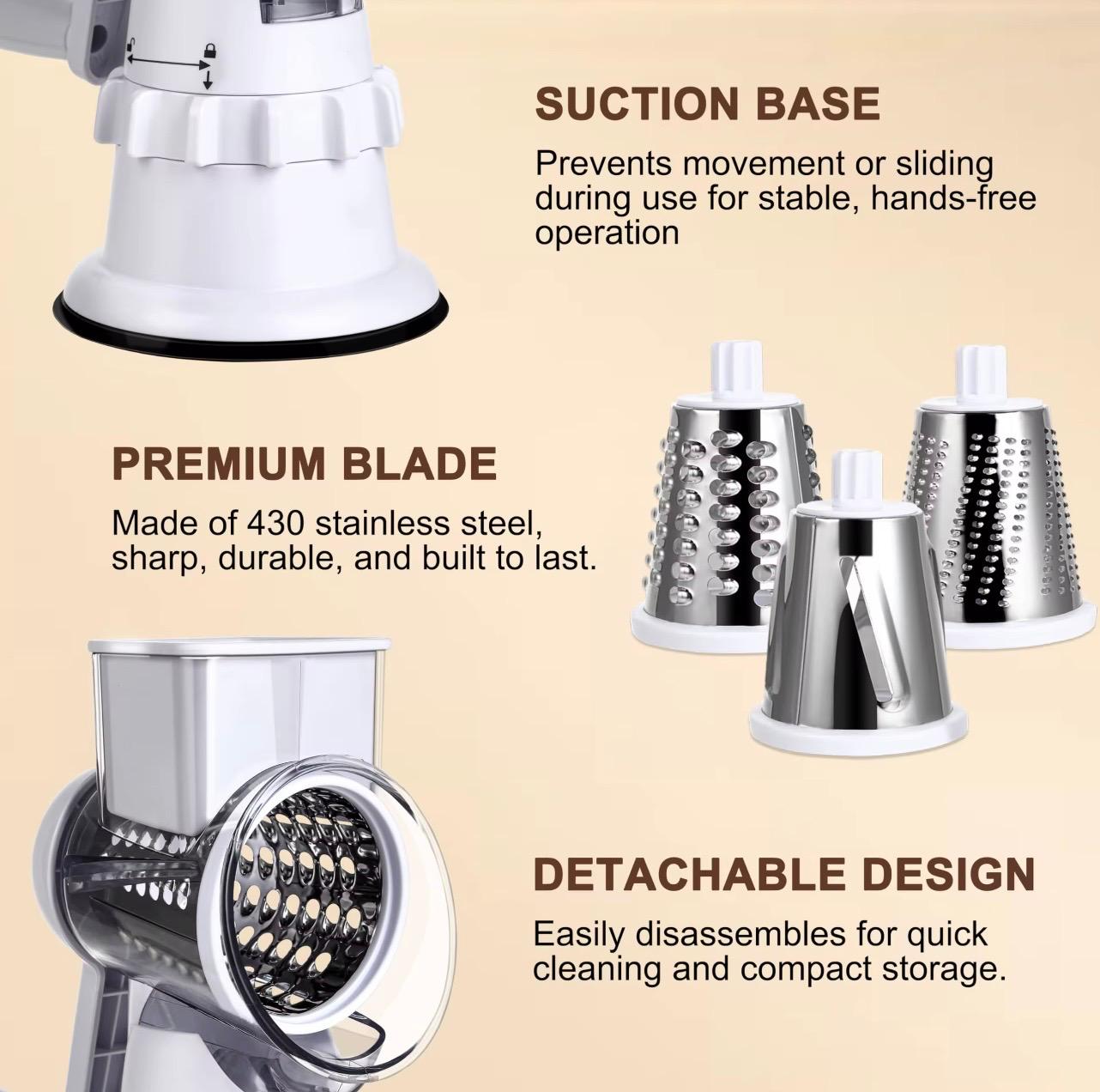 Manual Rotary Vegetable Cutter & Grater – 3 Interchangeable Blades