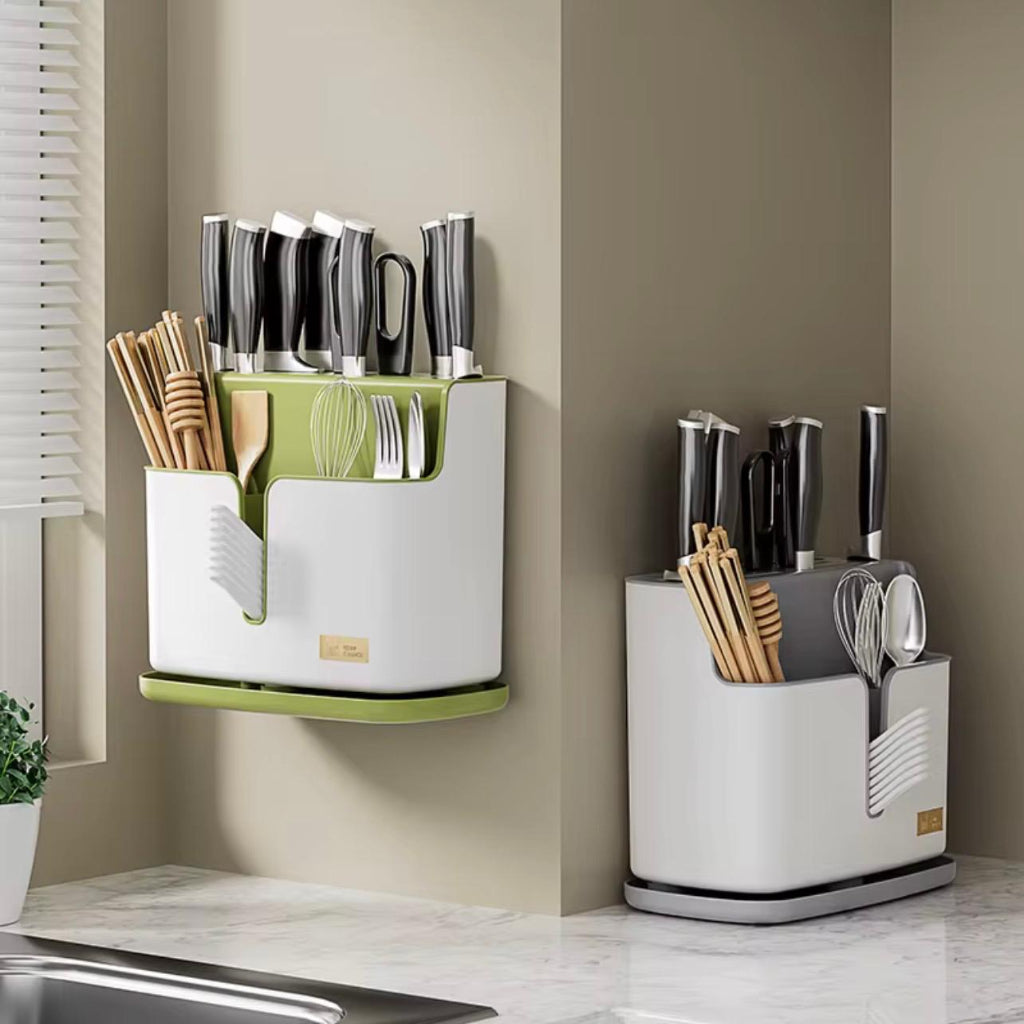 Multifunctional Knife & Cutlery Holder – Wall-Mounted Kitchen Organizer with Drainage Tray