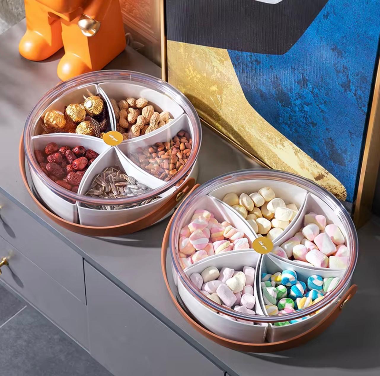 Transparent Snack & Candy Organizer Box with Faux Leather Handles – Portable Storage with Sealed Compartments