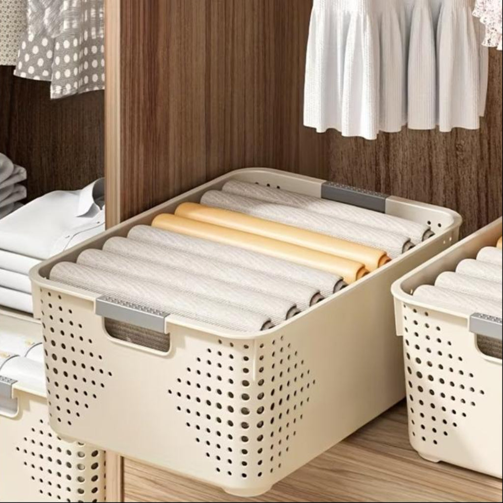 Cream Open Storage Baskets – Stackable Ventilated Multi-Purpose Organizer Bins