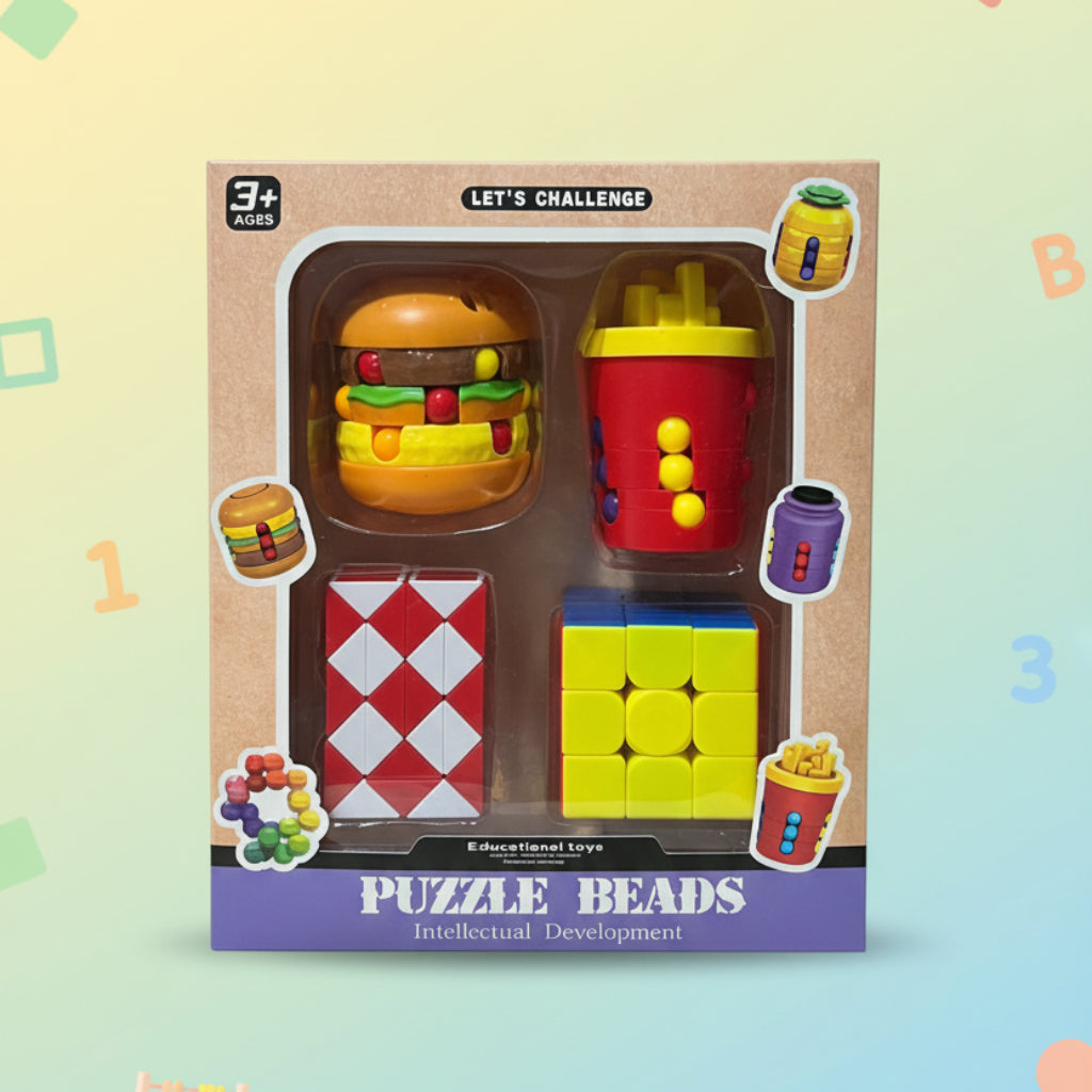Kids Puzzle Beads Toy Set – Educational Food Shape Brain Teaser (4pcs Set)