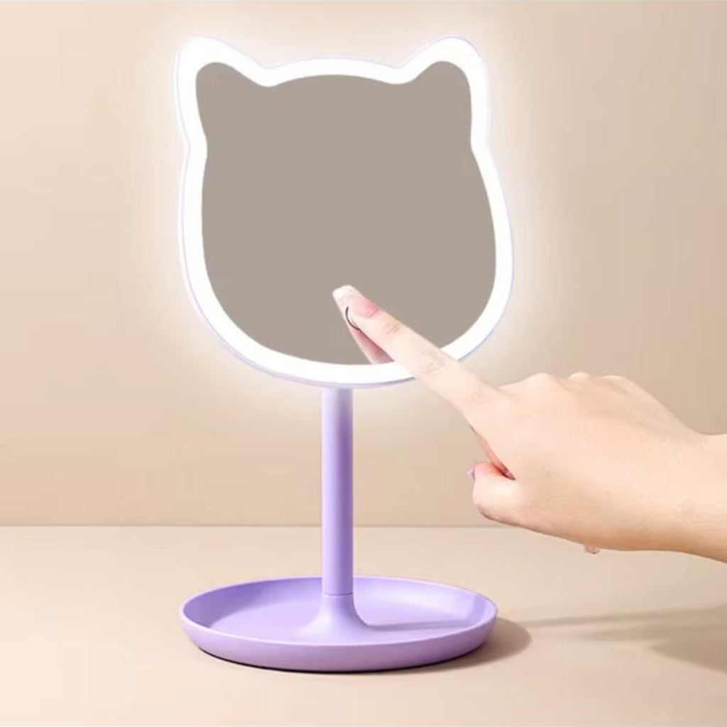 LED Cat Shape Makeup Mirror with Touch Light | Tabletop Vanity Mirror with Stand