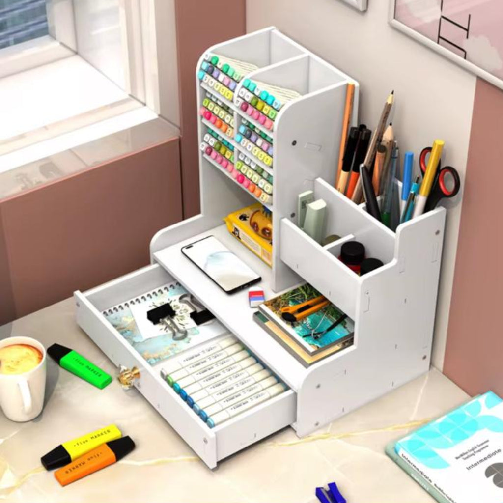 Compact Desk Organizer with Drawer – PVC Pen Holder & Marker Storage for Home Office