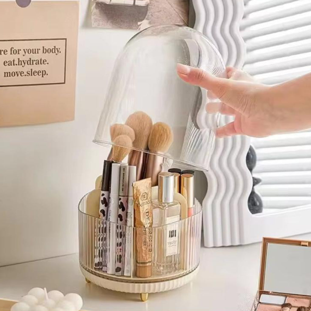 360° Rotating Makeup Organizer with Dustproof Cover – Cosmetic & Skincare Storage Holder