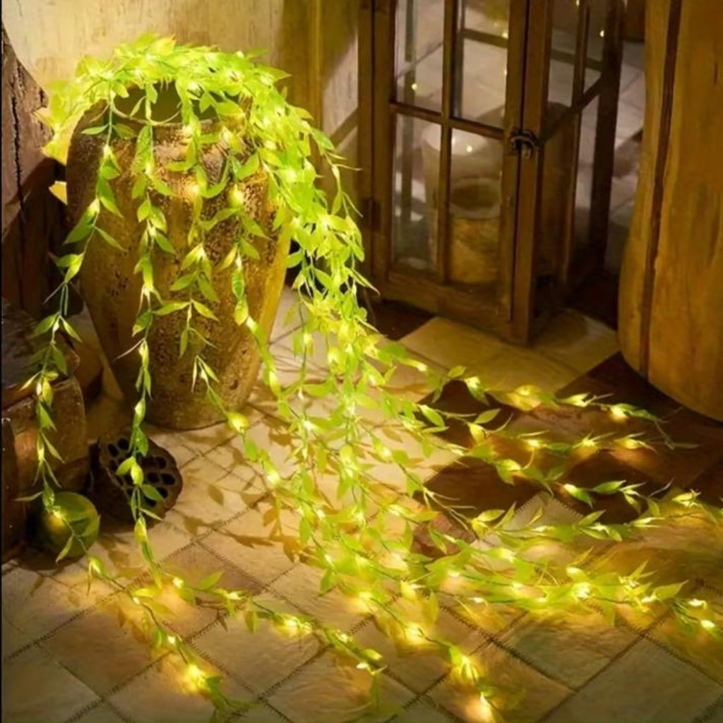 LED Willow Vine Fairy Light String with Green Leaves – 2 Pin Plug Decorative Light