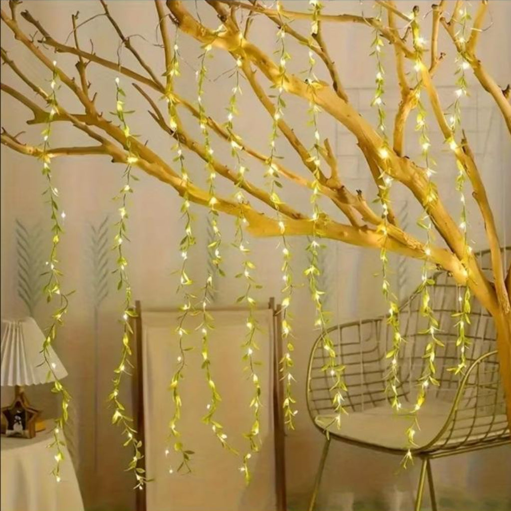LED Willow Vine Fairy Light String with Green Leaves – 2 Pin Plug Decorative Light
