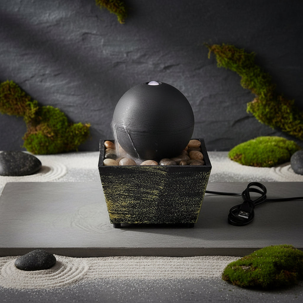 LED Rolling Ball Water Fountain – Tabletop Indoor Water Feature with Decorative Pebbles & Relaxing Water Flow