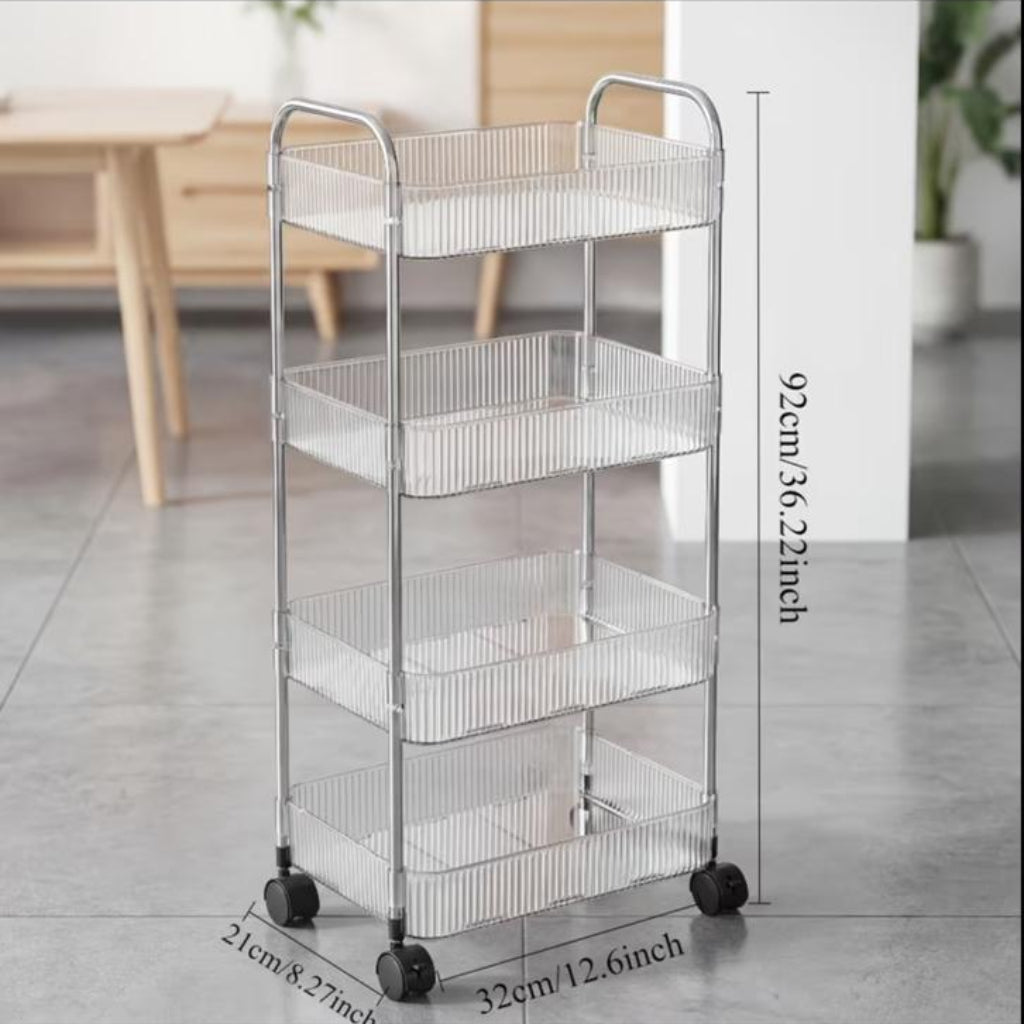 4-Layer Acrylic Storage Cart with 360° Rolling Casters – Transparent Multi-Purpose Organizer for Kitchen, Bathroom, Bedroom