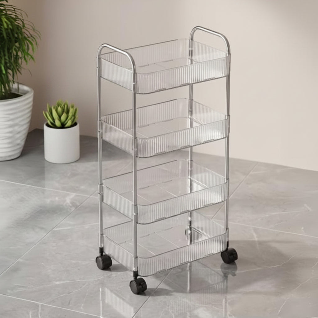 4-Layer Acrylic Storage Cart with 360° Rolling Casters – Transparent Multi-Purpose Organizer for Kitchen, Bathroom, Bedroom