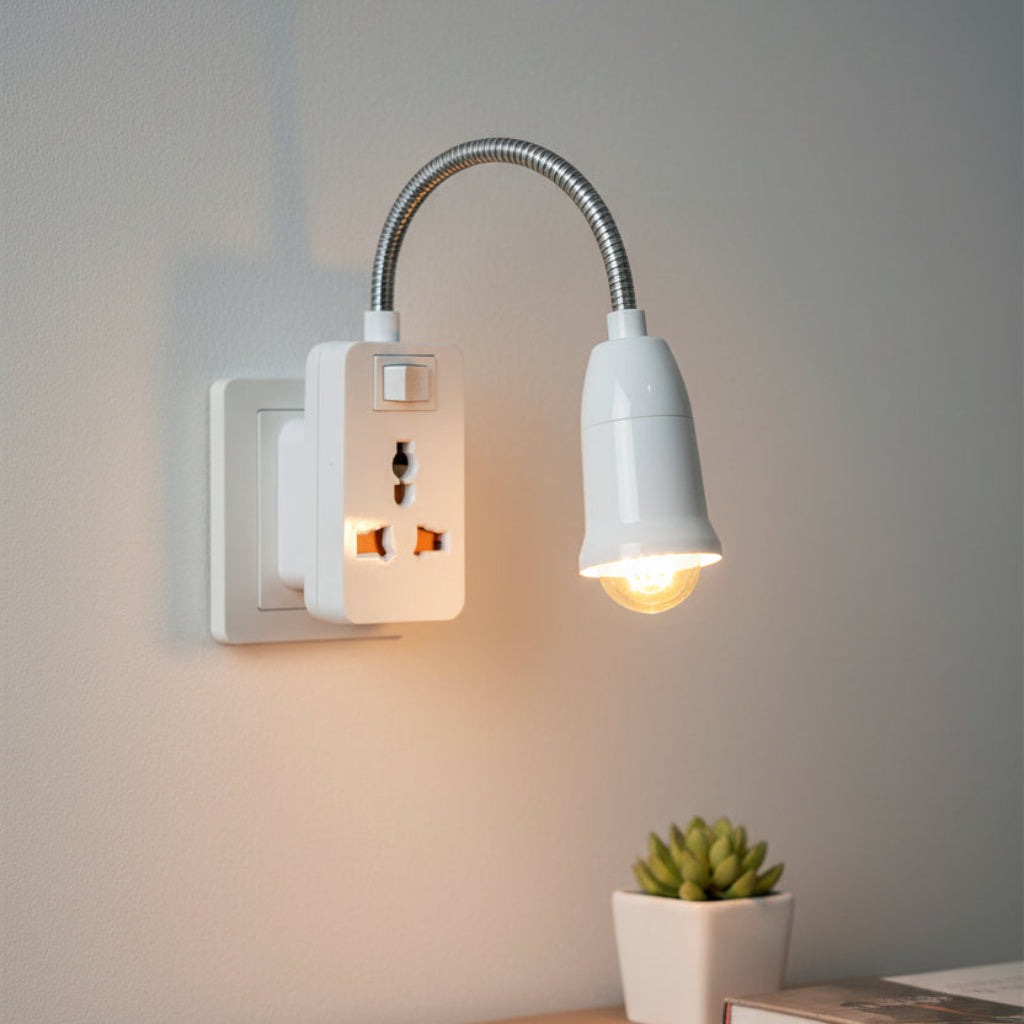 Flexible Gooseneck Light Socket Adapter with ON/ OFF Switch and Universal Multi-Plug Outlet