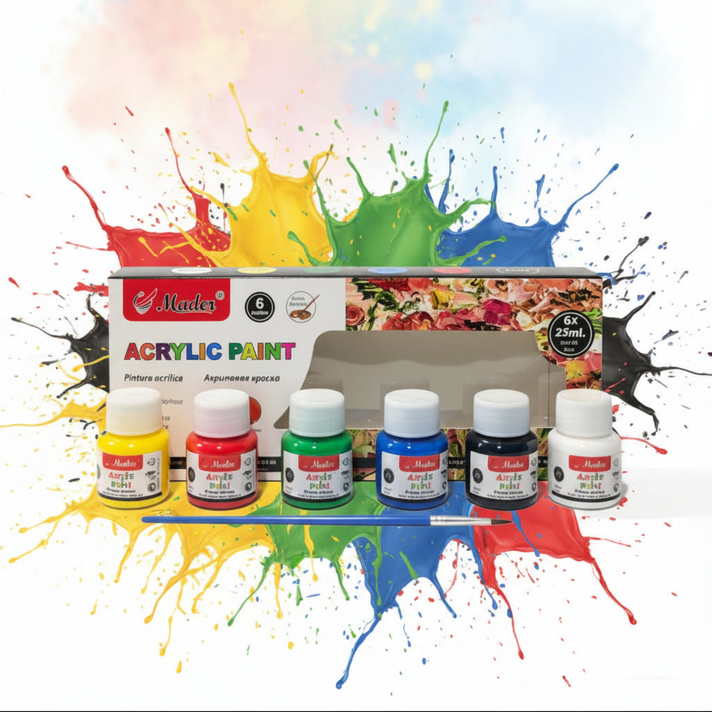 6 Colors Acrylic Paint Set – 25ml Art Paint Kit with Brush for Canvas, Wood & Crafts
