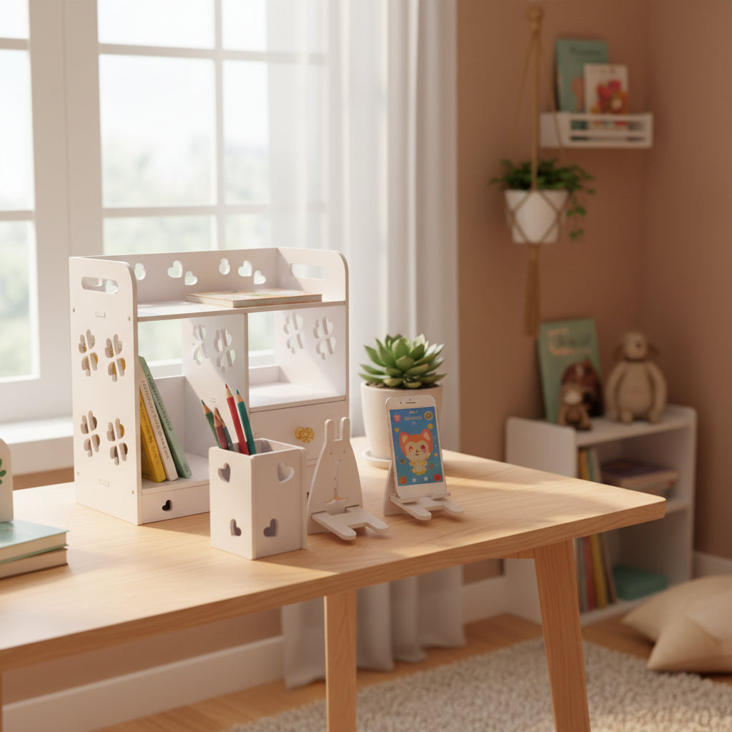 Multi Functional Storage Cabinet Set – 3-in-1 Compact Desktop Organizer with Partition Storage, Large Drawer, Pen & Phone Holder