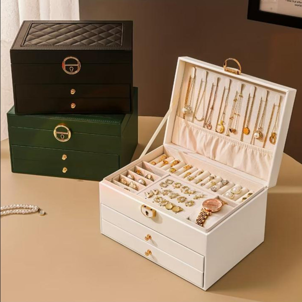 3-Tier Lockable Jewelry & Cosmetics Storage Box – Faux Leather Organizer for Accessories and Makeup